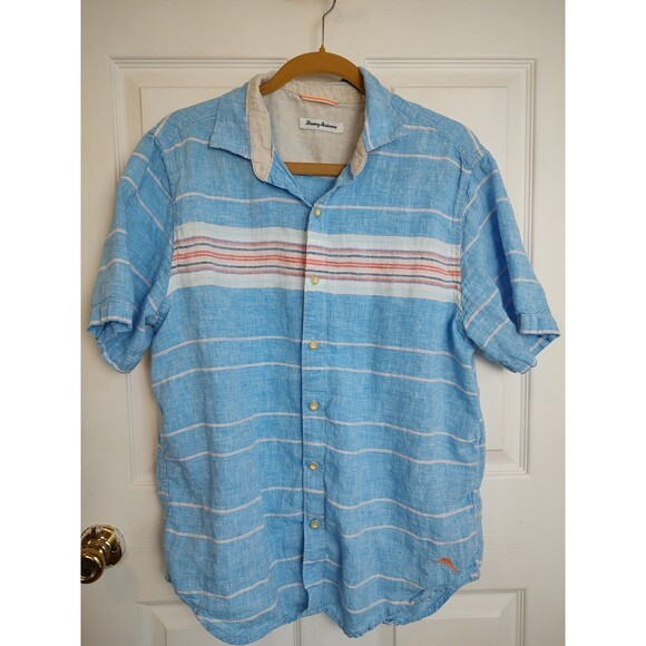 Tommy Bahama Mens Size Medium Shirt Short Sleeve Button Up Linen Blue Stripe - Picture 1 of 7